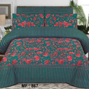 Salonika Cotton King Size Bedsheet Set with Pillow Covers – Printed Design Dark Green Flower