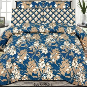 Salonika Cotton King Size Bedsheet Set with Pillow Covers – Printed Design ( Blue Flower)